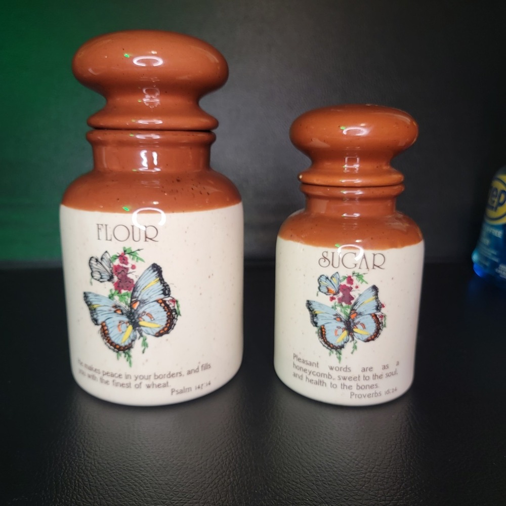 Vintage Ceramic Flour & Sugar Canisters Made IN USA! Proverbs 16:24 BUTTERFLYS